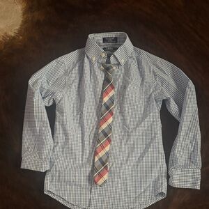 Izod boys Button Down  Blue Checkered Shirt with Tie, Christmas, Winter
